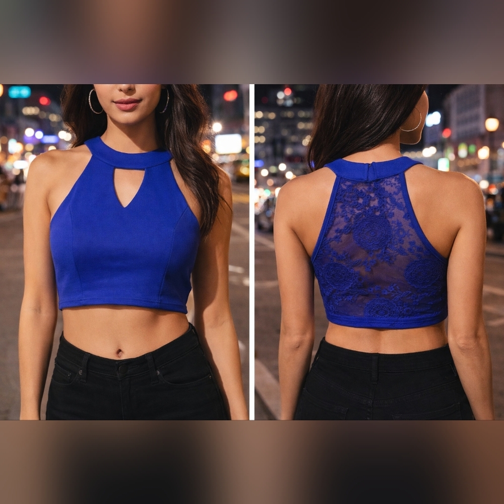 Entry Women's Blue Lace Detail Crop‎ Top